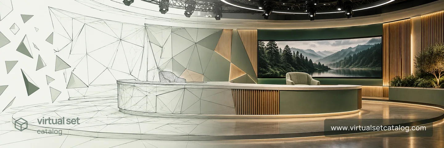 One continuous studio panorama: polygons and wireframe on the left, walls and a desk taking shape in the middle, and a realistic set with a display, wood finishes and warm lighting on the right.